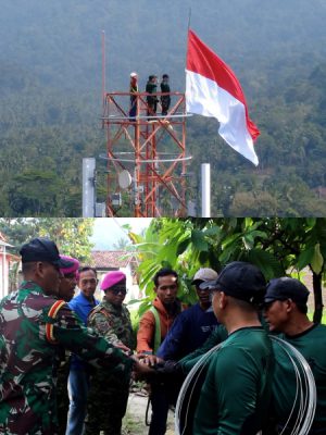 Jelang HUT Ke-81 RI, Puslatpurmar 8 Teluk Ratai Kibarkan Merah Putih di Menara Telkomsel Setinggi 74 Meter