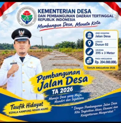 Taufik Hidayat Kepala Kampung Negeri Agung Wujudkan Pembangunan Jalan Desa 395 x 3 Meter, Demi Akses dan Ekonomi Warga